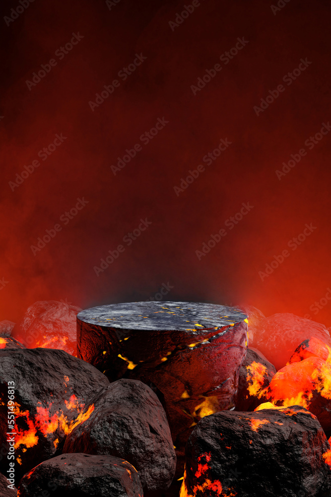 Poster 3d render, platform and podium on the magma stone with lava for product display.