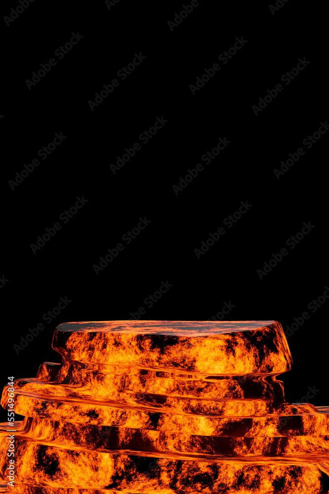 Poster 3d render platform natural background, podium layer lava rocks with magma and lava erupt for product