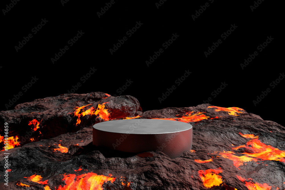 Poster 3d render platform background, podium lava rocks on volcano with magma and lava erupt for product di