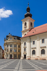 Fototapeta na wymiar The building of City Hall (Primaria Municipiului Sibiu) impresses with its special architecture, in the Art Nouveau style. Sibiu, Romania 
