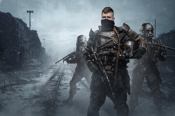 Shot of group of soldiers in setting of post apocalypse in abandoned winter city.
