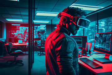 Obraz premium Virtual reality collaboration in the office. Working together. Duotone illustration.