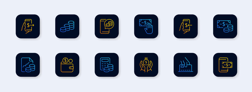 Finencial literacy set icon. Money, cash, transfer, dollar bill, currency, coin, cent, transaction, arrows, beg, send, receive, salary, income, tax. Business concept. Neomorphism. Vector line icon
