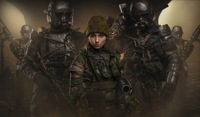 Artwork of soldiers in settin of post apocalypse dressed in military uniforms.