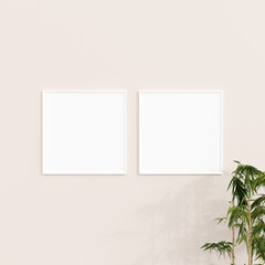 Minimal frame mockup on white wall with plant. Poster mockup. Clean, modern, minimal frame. 3d rendering.