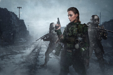 Artwork of brave female suvivor with camouflage uniform in snowy day in city.