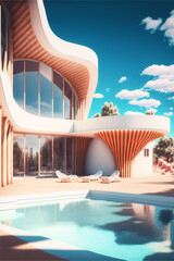 Contemporary White House with Terrace and a Swimming Pool, Luxury Building 3D Illustration, Minimal Hotel Deserted Area