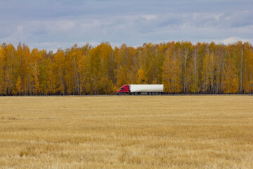 The truck is driving on the road in autumn. A tractor with a semi-trailer drives through autumn fields along the autumn forest along the highway.