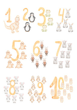 Watercolor childish poster with cute animals and numbers. Baby characters in beige colors. Children room decor. Perfect for invitations, greeting cards,  Baby shower