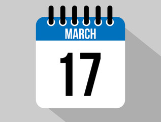 17 March calendar vector icon. Blue March date for the days of the month and the week on a light background