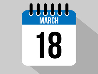18 March calendar vector icon. Blue March date for the days of the month and the week on a light background