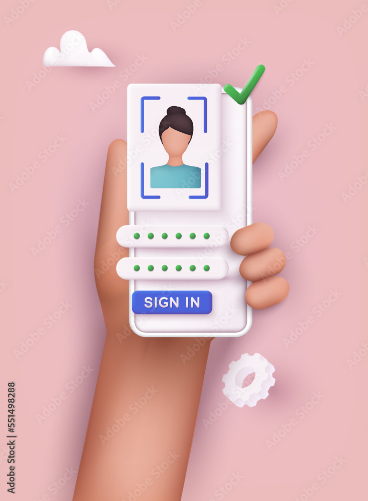 Poster hand holding mobile smart phone with face recognition app. 3d web vector illustrations.