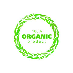 Vector food label for organic products. Green sticker for eco products. Food label with green wreath.  - 551498285