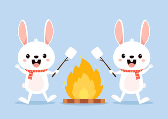 Rabbit in Christmas day. Cute Rabbit and Marshmallow. Vector illustration.