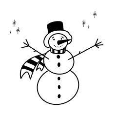 Doodle snowman. Simple christmas line vector illustration. Snowman in hat and scarf