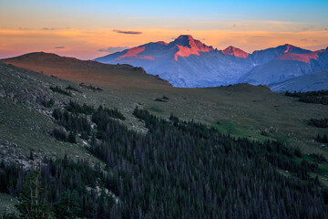 Twilight on Longs Peak and Rocky Mountain Range, Rocky Mountain National Park, Colorado