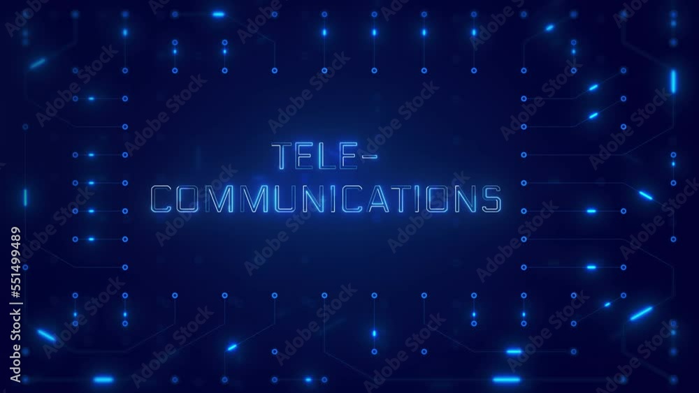 Aufkleber telecommunications word text with neon circuit board design or computer semiconductor design