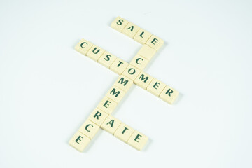 E-commerce terms shape of crossword puzzle, sale and customer and rate and e-commerce texts isolated on white background, online shopping banner concept