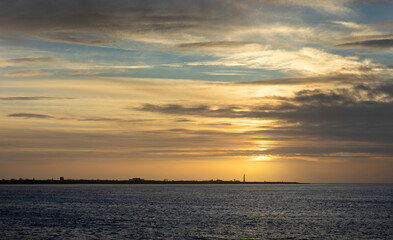 sunset, at the ferry, marsdiep, den helder, texel, north sea coast, clouds, netherlands, waddenzee, unesco world heritage, 