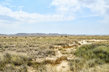 spanish landscape view of european countryside in bardenas reales desert park spain.