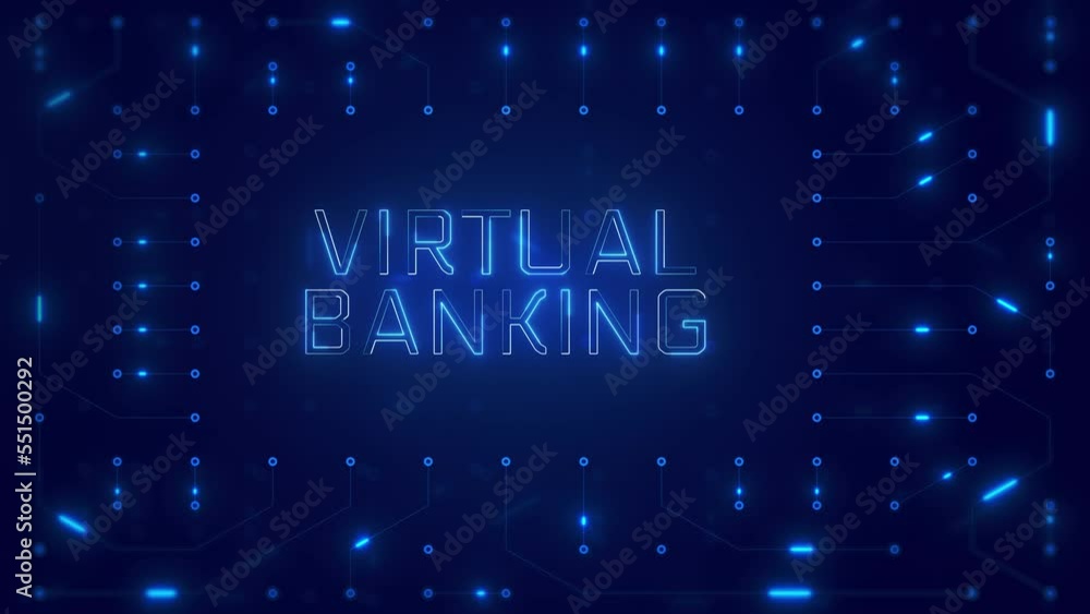 Aufkleber virtual banking word text with neon circuit board design or computer semiconductor design