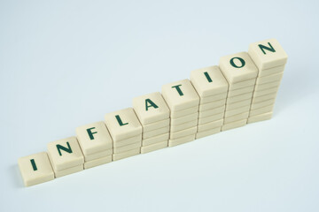 Inflation and economic crisis concept, finance news banner, inflation text on white blocks, rising prices and tax idea, cris and collapse, bad economy - obrazy, fototapety, plakaty