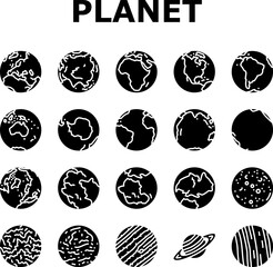 earth world planet globe map icons set vector. space blue, nature geography, environment ecology, sphere science, day ocean blue earth world planet globe map glyph pictogram Illustrations