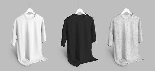 Mockup of white, black, heather oversized t-shirts, clothes on wooden hanger with wrinkles, front view, isolated on background.