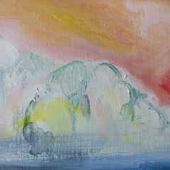 Winter frosty landscape with snow-covered tree crowns. Fine art illustration. Drifting snow and frosty fog morning. Beautiful decorative oil painting.