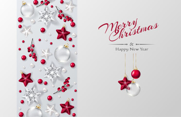  Christmas decorative border and background made of festive decoration elements. New Year concept. White and red color