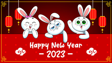 Happy Chinese New Year Year Of The Rabbit Zodiac With Cartoon Bunnies Numbers And Text. Vector Hand Drawn With Background
