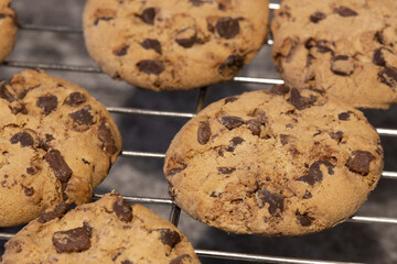 Homemade chocolate chip cookies on a cooling rack. On a dark stone background