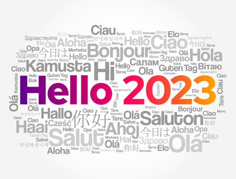 Hello 2023 word cloud in different languages of the world, concept background