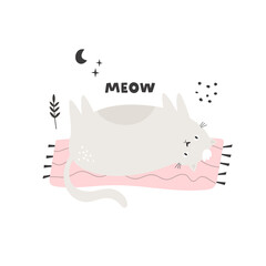 Flat vector illustration of a funny lazy fat cat lying on a carpet