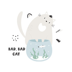 Flat vector illustration of a naughty cat playing with aquariem fish