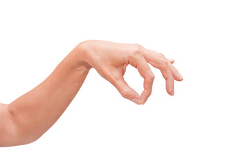 Woman hand picking up some items, female well - groomed fingers, isolated on white background with clipping path