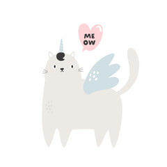 Flat vector illustration of a funny unicorn cat