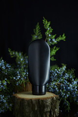 Black jar for cream against the background of needles with blue berries. Container for cosmetics on the background of plants.