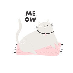 Flat vector illustration with a funny cat on a pink carpet