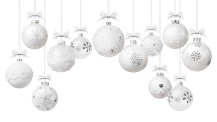 Christmas decorative baubles balls with silver shiny ribbons bows and glitter patterns, hanging with metal chain on transparent background. Gift greeting card ticket or promotional banner template.