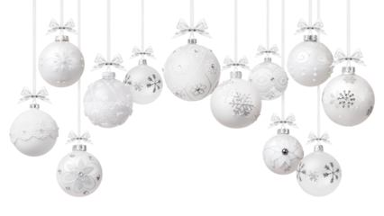 Christmas decorative baubles balls with silver shiny ribbons bows and glitter patterns, hanging with metal chain on transparent background. Gift greeting card ticket or promotional banner template.