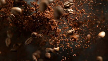 Super Slow Motion Shot of Ground Coffee and Fresh Beans Explosion Towards Camera at 1000fps.