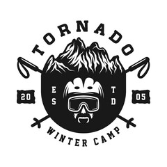 Obraz premium Vintage retro winter sport ski snowboard or adventure emblem, logo, badge, label. mark, poster or print. Monochrome Graphic Art. Engraving woodcut style.