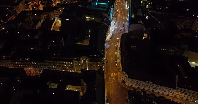 Prague Czechia Aerial v30 birds eye view fly above na porici street towards florenc neighborhood capturing busy night downtown cityscape and traffic light trail - Shot with Mavic 3 Cine - October 2022