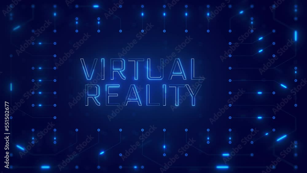 Poster virtual reality word text with neon circuit board design or computer semiconductor design