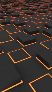 Vertical futuristic background animation of black squares with neon orange light border in movement over infinite surface. Endless loop 3D render.