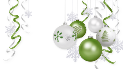 Merry Christmas gift greeting card, with decorated green hanging baubles balls, background with bright ribbons and glitter snowflakes, blank copy space template for advertising banner, label or ticket