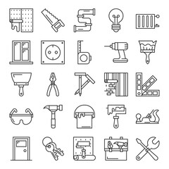 Home repair icon set vector isolated. Collection of simple line icons, pictograms of different tools. Hammer, paintbrush, door and window, house renovation symbols.