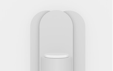 Empty podium or pedestal display on white background with cylinder stand concept. Blank product shelf standing backdrop. 3D rendering. Minimal scene for product display presentation.