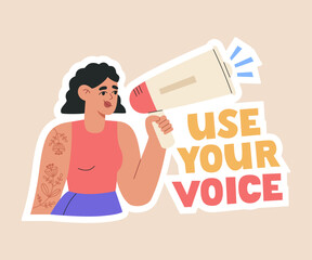 Girl holding megaphone and lettering Use your voice. Feminist sticker. Women right concept. Hand drawn vector illustration isolated on yellow background. Modern flat cartoon style